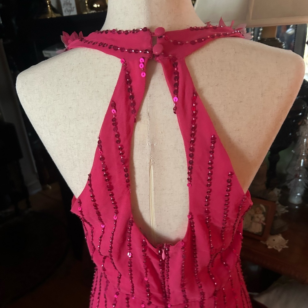 Hot Pink Floral Sequined Prom Gown - Picture 8 of 16